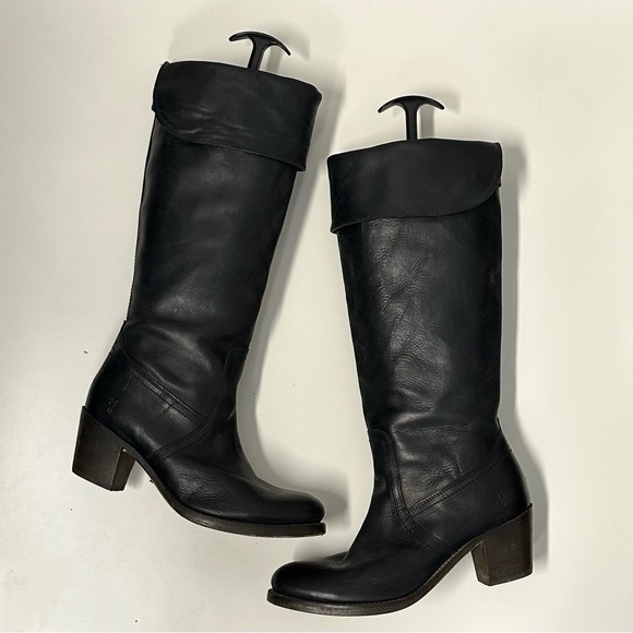 Frye Shoes - FRYE women's black leather pull on jane tall cuff boots 2.5" heel, 8.5 B.